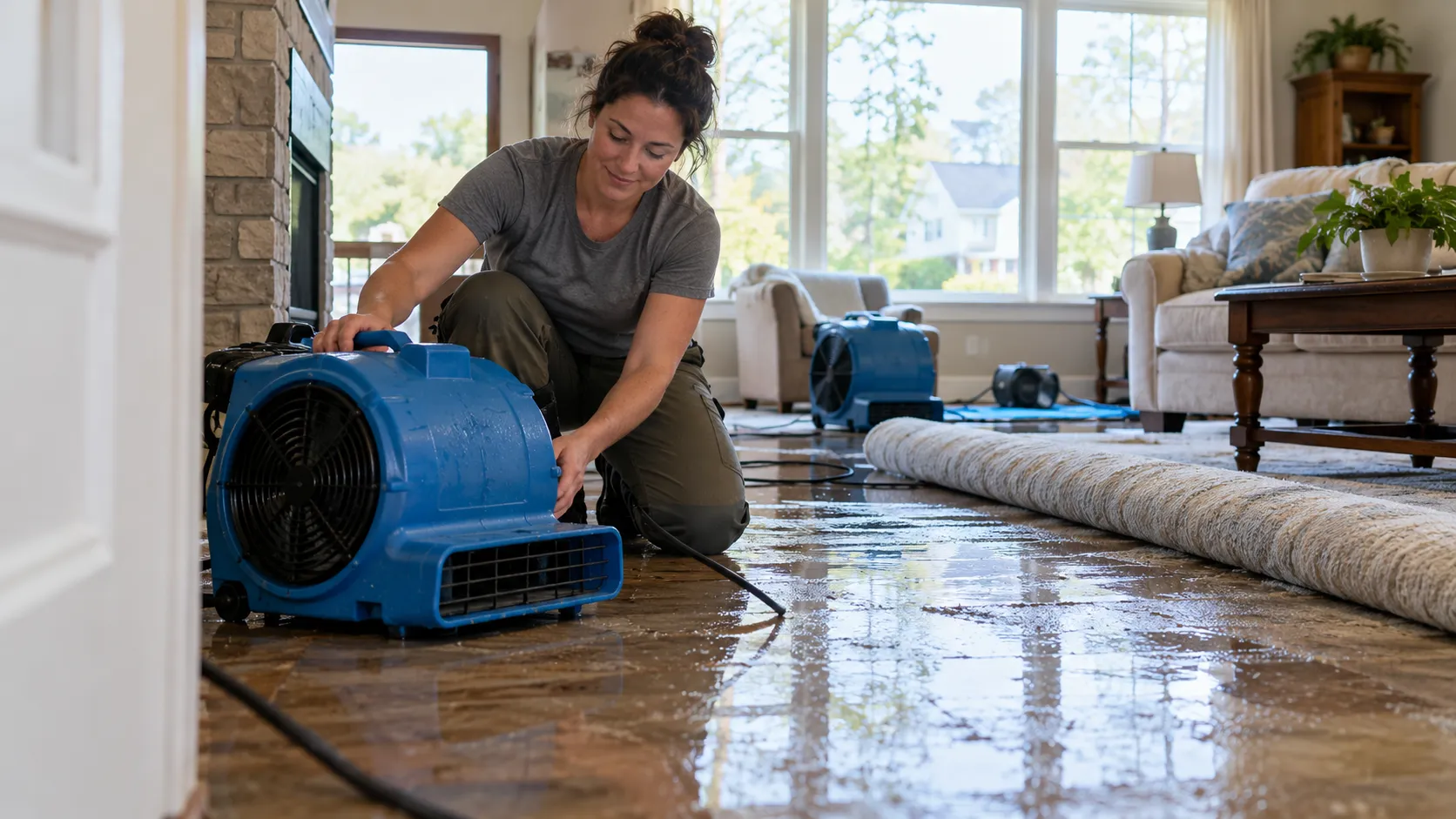 Water damage restoration technician drying a flooded living room in Rochester